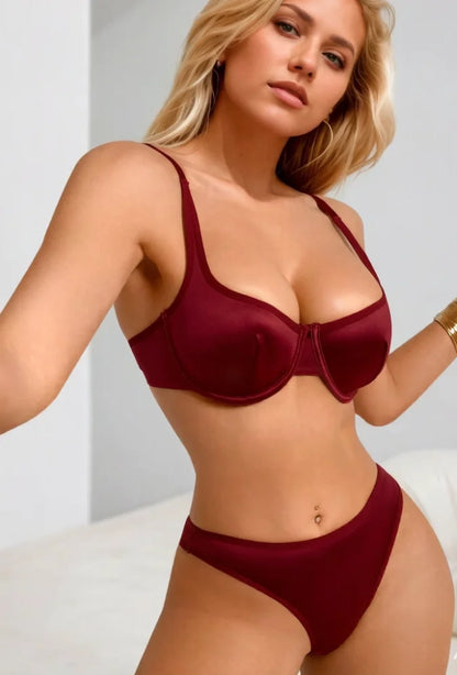 Set di reggiseno push-up in raso sexy da donna e slip a vita alta - Set di biancheria intima lucida verde MR2938