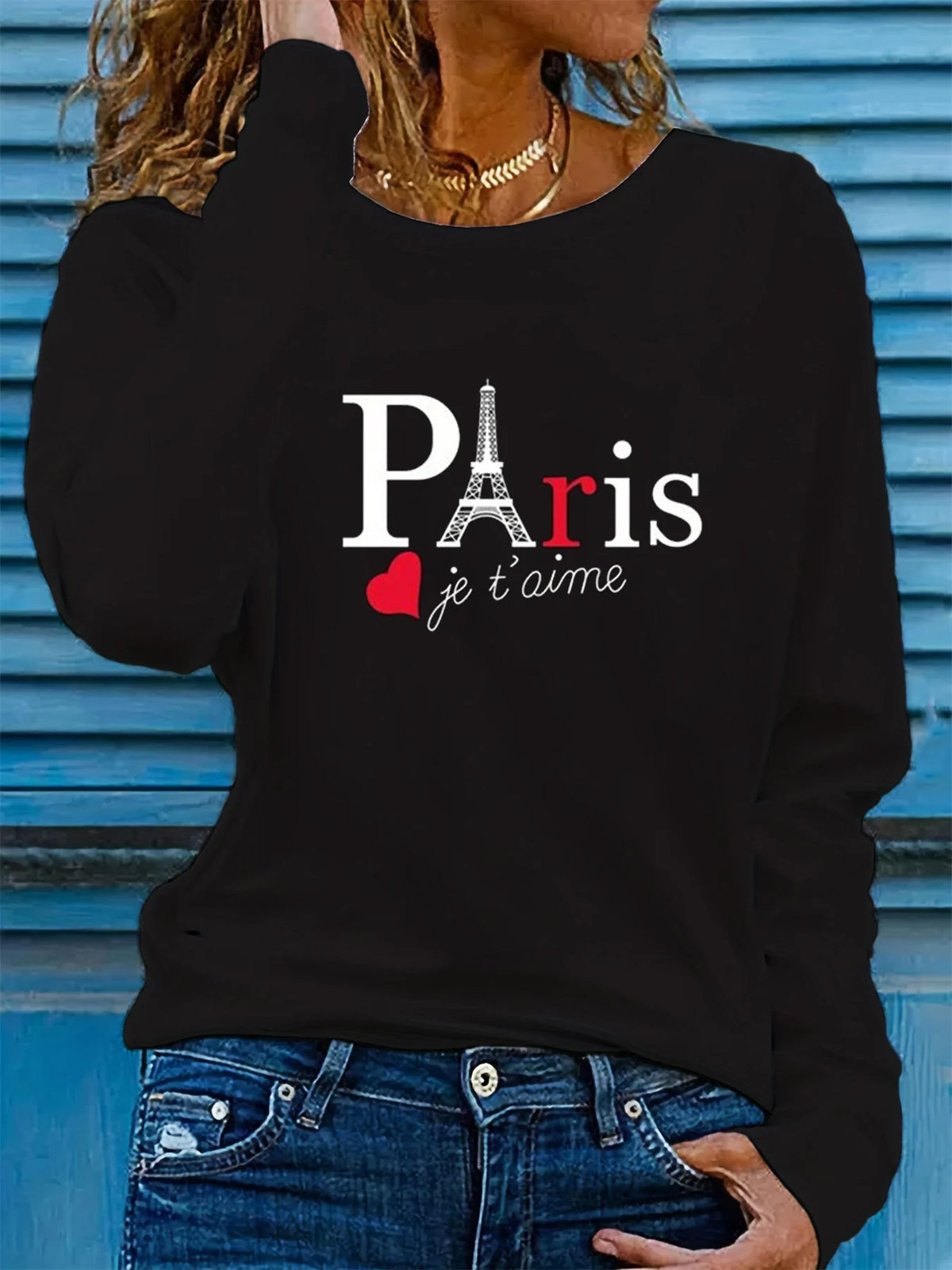 T-shirt girocollo stampata con motivo Torre Eiffel Parigi a maniche lunghe comoda moda primavera e autunno 100% cotone da donna