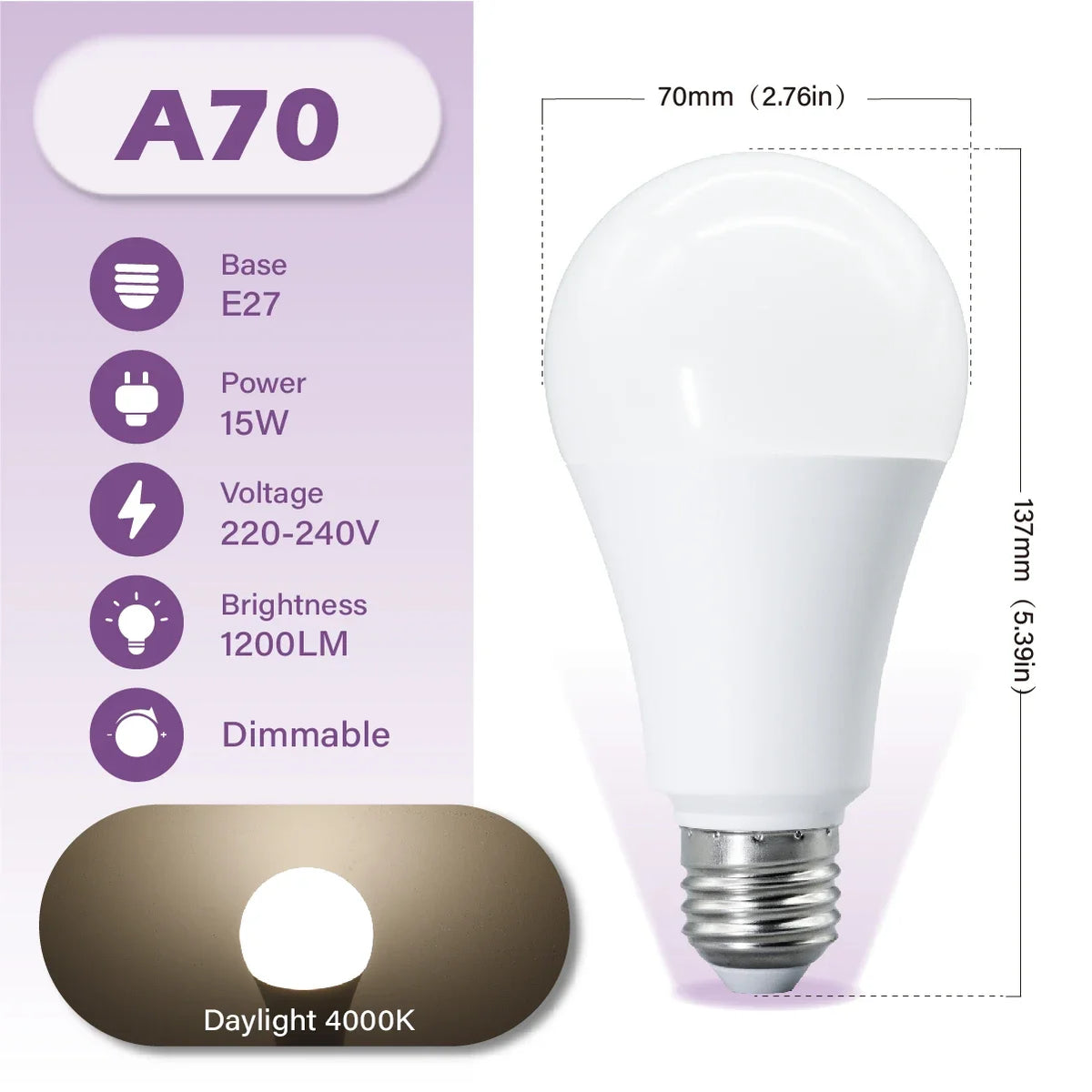 Lampadina LED Dimmerabile E27 10W 15W 20W AC 220V 3000K-6500K 0-100 Dimmerabile, Lampada a Tono Naturale per Balcone, Sala da Pranzo, Ingresso