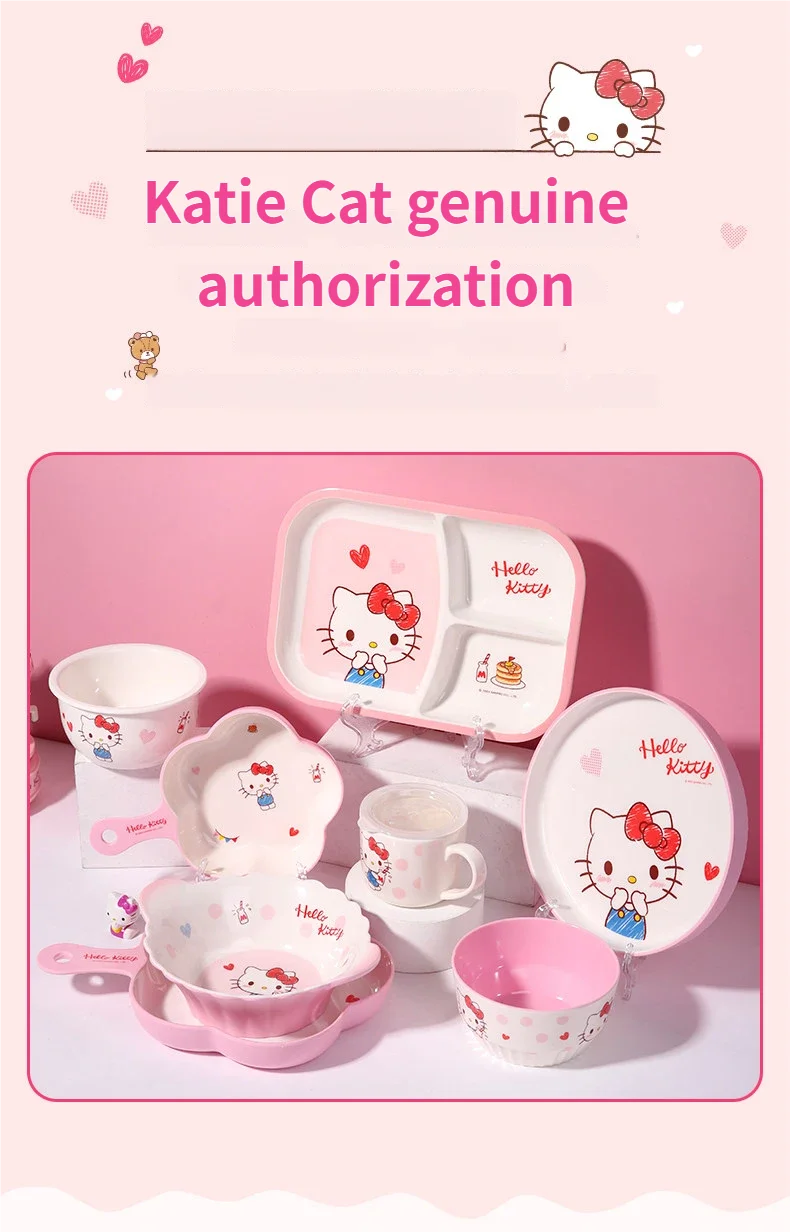 WUHE Set di Stoviglie per Bambini Hello Kitty, Ciotole e Piatti in Melamina, Design Cartoon per Ragazze, Senza BPA, Infrangibile, Lavabile in Lavastoviglie