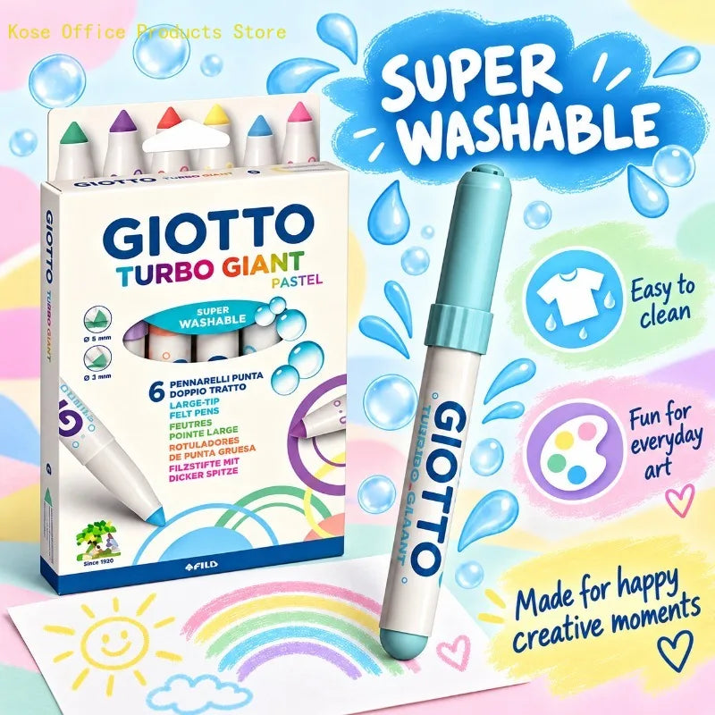 GIOTTO Set da 6 Pennarelli Pastello Turbo Giant Super Lavabili con Punta Larga in Feltro per Disegno, Colorazione, Progetti Artistici Scolastici per Bambini