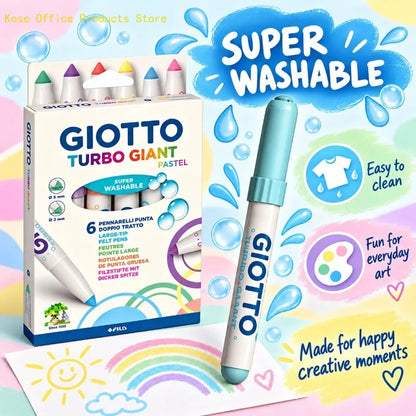 GIOTTO Set da 6 Pennarelli Pastello Turbo Giant Super Lavabili con Punta Larga in Feltro per Disegno, Colorazione, Progetti Artistici Scolastici per Bambini