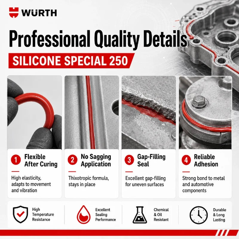 Silicone Speciale Wurth 250 Rosso 70ml RTV Sigillante per Guarnizioni ad Alta Temperatura per Coppa Olio Motore e Coperchio Valvole