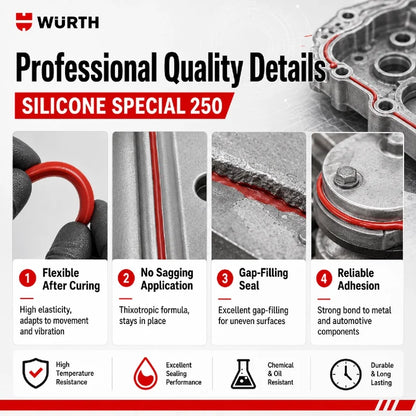Silicone Speciale Wurth 250 Rosso 70ml RTV Sigillante per Guarnizioni ad Alta Temperatura per Coppa Olio Motore e Coperchio Valvole