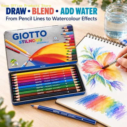GIOTTO 12 matite colorate per acquerello in una scatola metallica, con mina da 3,3 mm, set per disegno e sfumature dai colori vivaci, ideale per studenti, artisti e appassionati di arte.
