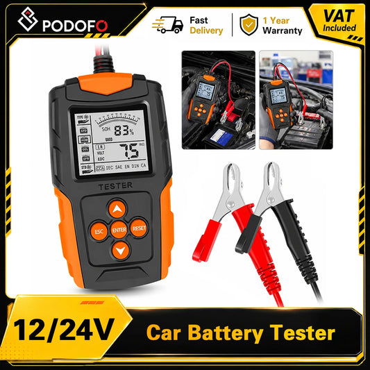 Tester Batteria Auto Podofo 12V 24V LCD Digitale, Analizzatore di Avviamento e Ricarica Veicoli, Strumento di Test per Rilevare Resistenza Interna IR, Tensione, Corrente di Scarica, Capacità, SOH, Durata per Auto, Moto, Cami