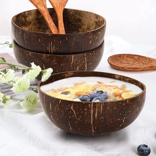 Ciotole di cocco naturale per piatti da portata Ciotole riutilizzabili in legno Utensili Cucchiaio di legno Ciotole di guscio di cocco naturale Set da pranzo da cucina
