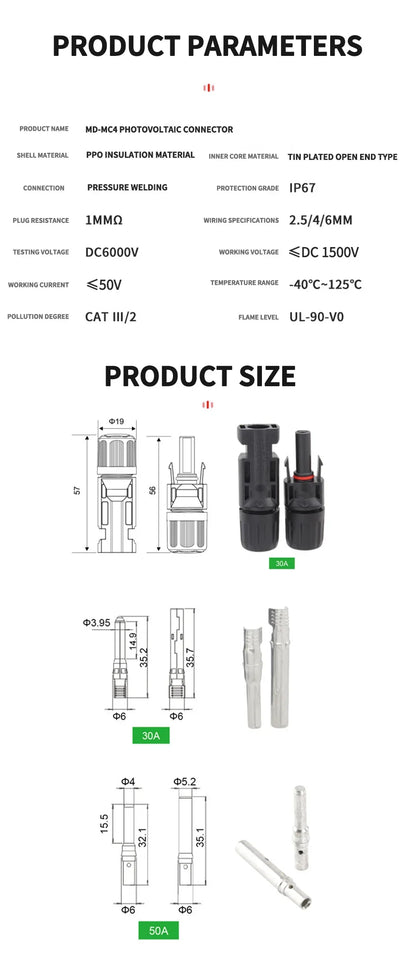 600/400/200/100/40/20/10 pezzi Kit connettori solari fotovoltaici 1000V 30A Connettori Solor da pannello per cavo fotovoltaico/MC 2,5/4/6mm2