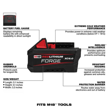 Milwaukee 100% M18 REDLITHIUM FORGE 6.0 Batteria – Ioni di Litio Standard, 18V, 48-11-1861 Per Tutti gli Utensili Elettrici a Batteria della Serie M18