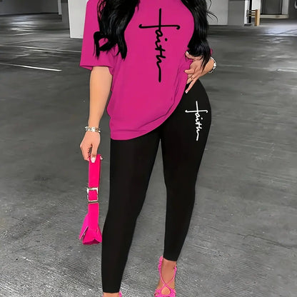 Completo sportivo da donna, taglie forti, con stampa astratta, maglietta a maniche lunghe e pantaloni comodi ed elasticizzati, ideale per l'attività fisica.