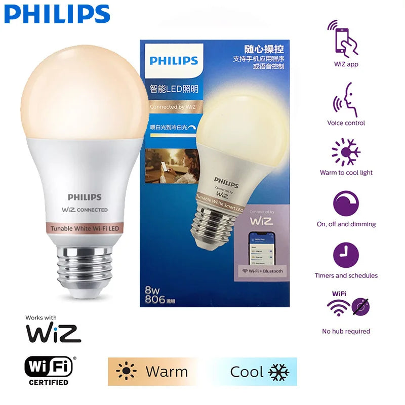 Philips LED Wi-Fi bianco sintonizzabile 8W A60 E27 Lampadina intelligente 220-240V Controllo app WiZ Lampada dimmerabile EyeComfort di colore bianco caldo per freddo