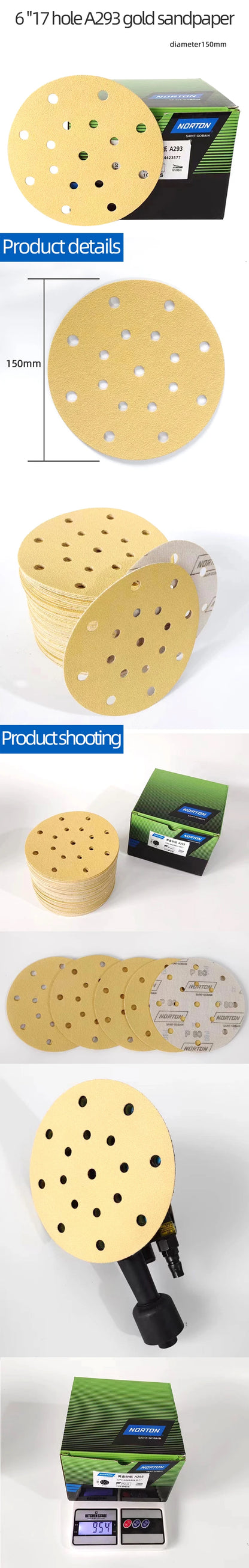 Noton 6 pollici 17 fori giallo carta abrasiva a secco 150 mm autoadesivo vernice automatica mastice levigatura rotonda floccaggio sabbia