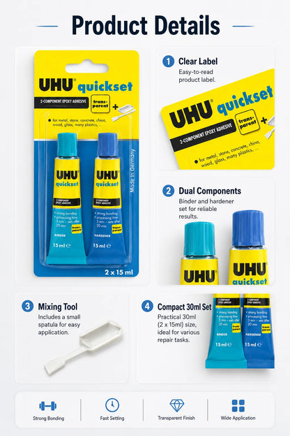 Adesivo Epossidico UHU Quickset 30ml Trasparente Colla Bicomponente AB ad Asciugatura Rapida per Riparazioni di Metallo, Ceramica, Vetro e Plastica