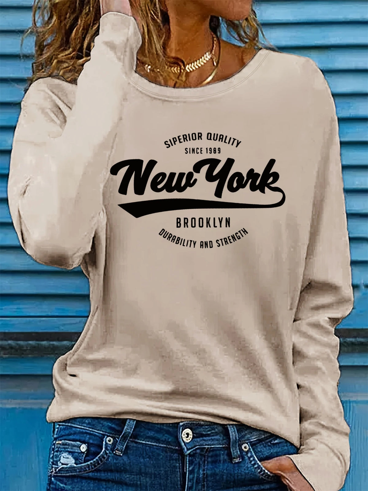 T-shirt da donna in 100% puro cotone, ideale per la primavera e l'autunno, dal taglio ampio e confortevole, con stampa a lettere "NEW YORK", maniche lunghe e scollo rotondo.