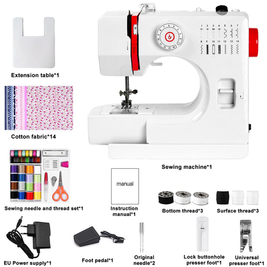 Macchina da Cucire Elettrica Mini 728 Fai-da-te con 14 Punti, Tavolo di Estensione, Kit per Tessuti in Cotone e Cucito, Cucitura Inversa e 14 Tipi di Punti Interni, EU