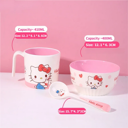 WUHE Set di Stoviglie per Bambini Hello Kitty, Ciotole e Piatti in Melamina, Design Cartoon per Ragazze, Senza BPA, Infrangibile, Lavabile in Lavastoviglie