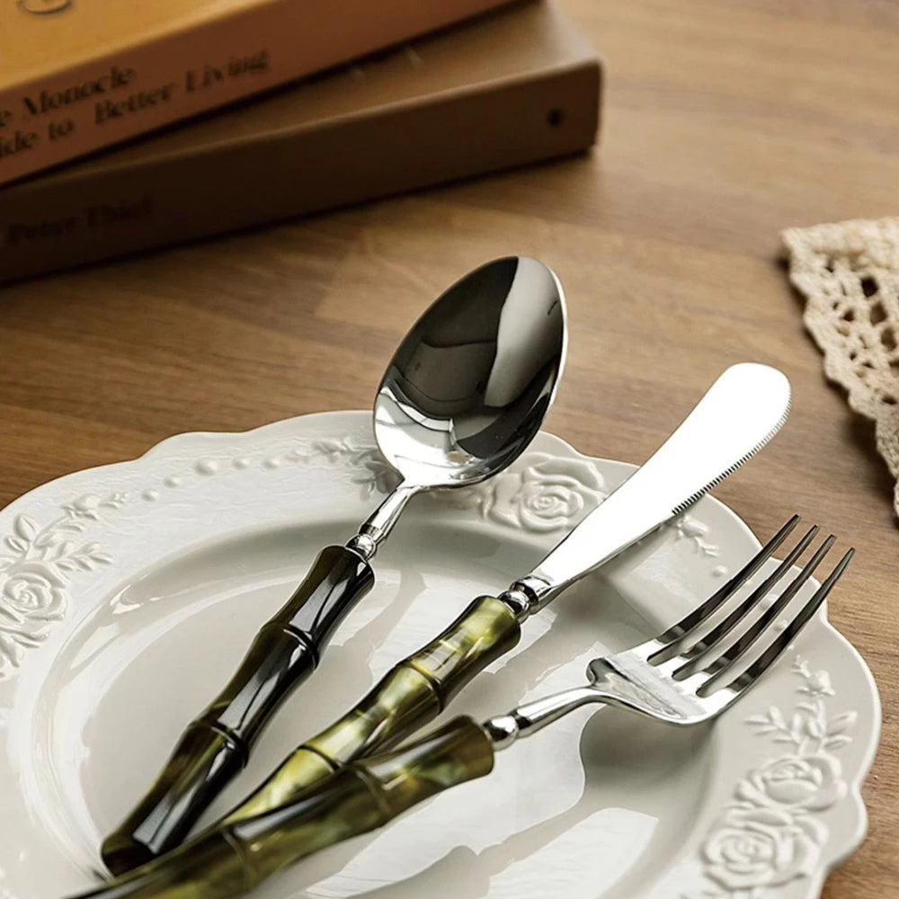 Nuovi posate in resina stile bambù 18/10 in acciaio inossidabile 304 posate classiche set di stoviglie argento blu verde crema trasporto di goccia