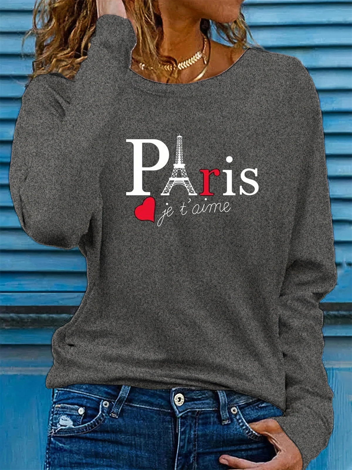 T-shirt girocollo stampata con motivo Torre Eiffel Parigi a maniche lunghe comoda moda primavera e autunno 100% cotone da donna