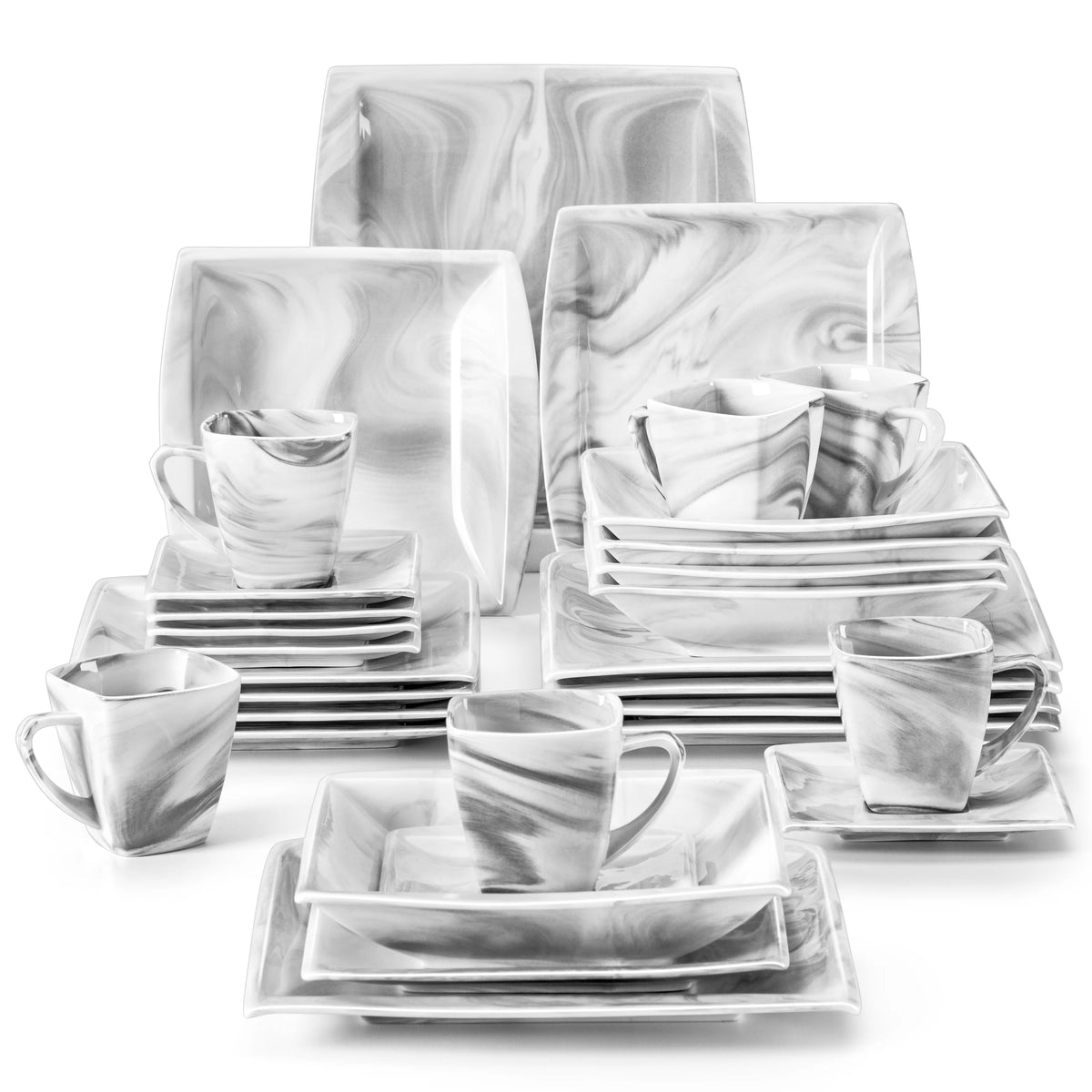 MALACASA 30/60 pz marmo grigio porcellana stoviglie Set di stoviglie con 6 pezzi Dessert/zuppa/piatto cena/tazza/piattino, servizio per 12