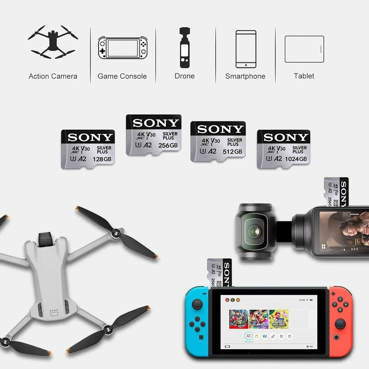 Scheda di memoria originale Sony 128GB 256GB 1024GB 512GB ad alta velocità, facile da trasportare, espansione MicroSD grigia ™   Scheda Flash UHS-I