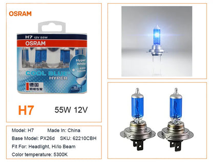 OSRAM H7 H4 H1 H11 HB3 9005 HB4 9006 Lampadina Alogena per Fari Auto, Luce Abbagliante/Anabbagliante 5300K 12V 55W, Bianco Hyper Cool Blue (2 Pezzi)