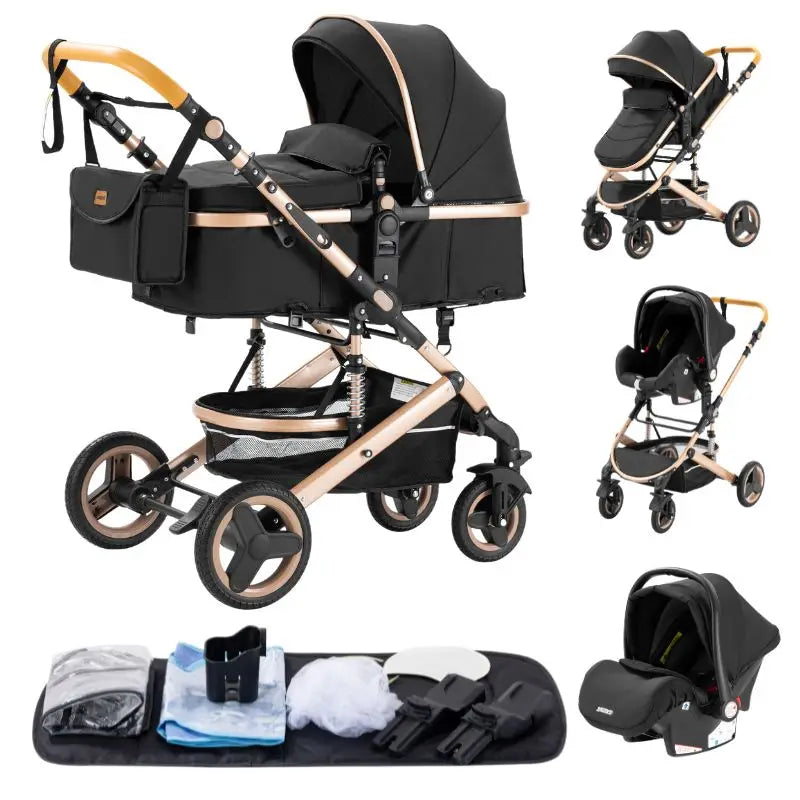 Passeggino 3 in 1 Facile da piegare Telaio in alluminio ad alto paesaggio Passeggino neonato con ruota in gomma per assorbimento degli urti a quattro ruote
