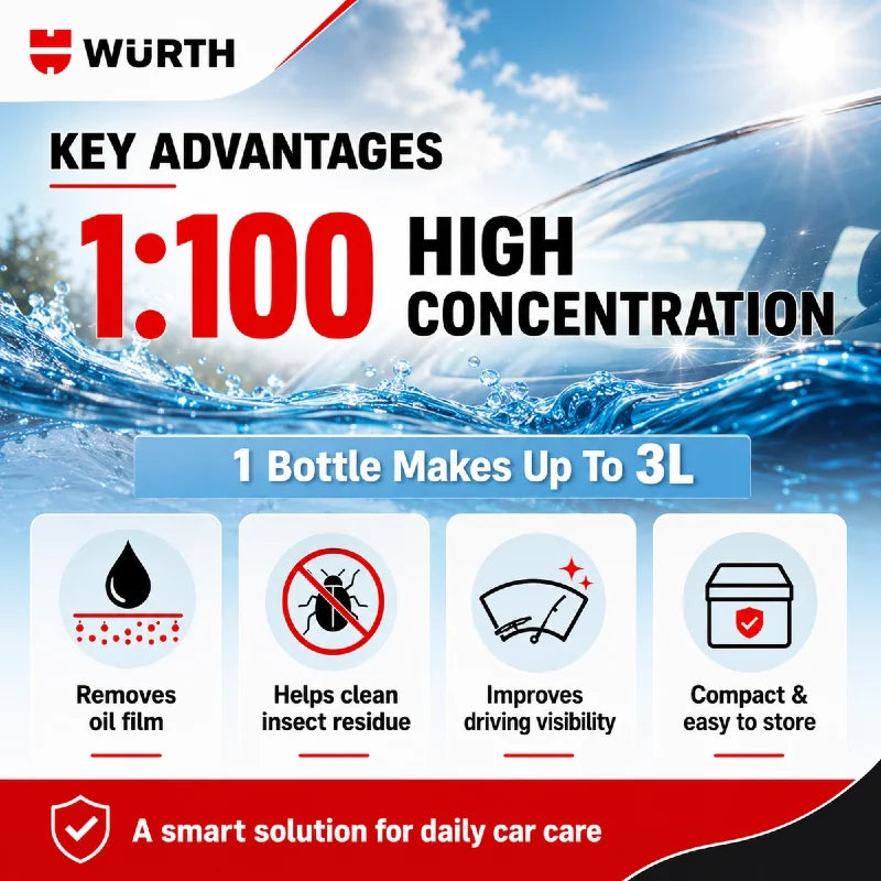 Liquido Lavavetri Concentrato Wurth 1:100, Detergente per Vetri Auto, Rimuovi Pellicola Oleosa e Residui di Insetti, Additivo per Tergicristalli 32ml