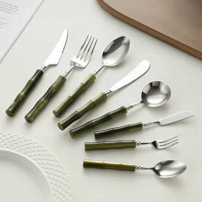 Set di Posate in Resina Stile Bambù, Acciaio Inossidabile 304, Posate Classiche, Opzioni da 1/3/4 Pezzi per Casa e Cucina