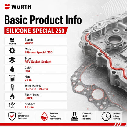 Silicone Speciale Wurth 250 Rosso 70ml RTV Sigillante per Guarnizioni ad Alta Temperatura per Coppa Olio Motore e Coperchio Valvole