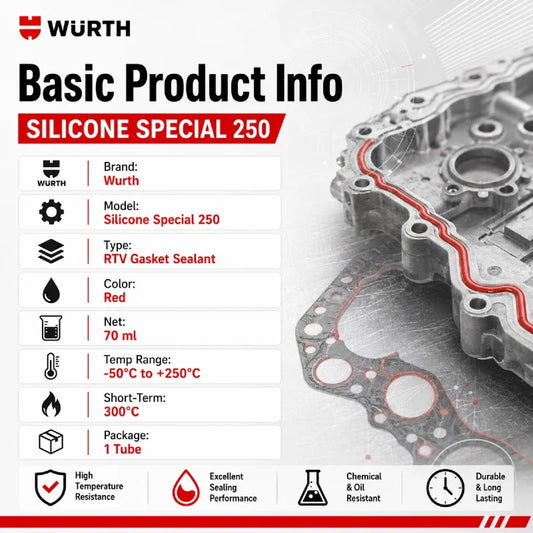 Silicone Speciale Wurth 250 Rosso 70ml RTV Sigillante per Guarnizioni ad Alta Temperatura per Coppa Olio Motore e Coperchio Valvole