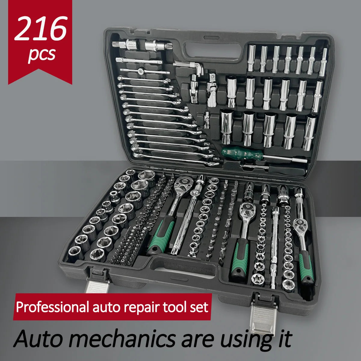 Set di 216 utensili meccanici, kit chiavi a bussola con attacco da 1/4, 3/8, 1/2, chiave a cricchetto, cacciavite, punte, utensili manuali in acciaio al cromo-vanadio, chiave a cricchetto combinata per la riparazione di auto