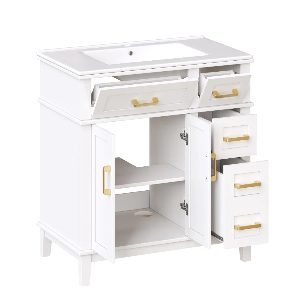 Mobile bagno moderno 76x86x46,5 cm con lavabo in ceramica integrato, mobiletto a cassetti autoportante con ampio spazio contenitivo, dotato di chiusura ammortizzata silenziosa e protezione dal troppo pieno del lavabo, elegant