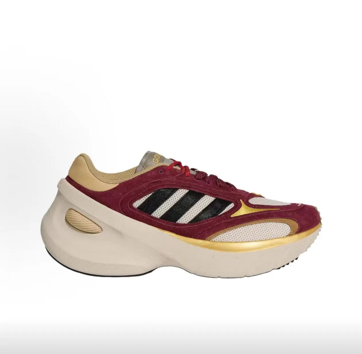 Scarpe sportive da corsa casual Adidas, modello «dad shoes» con suola spessa, in rosso vino e oro, stile retrò, che slanciano la figura, KI7013.