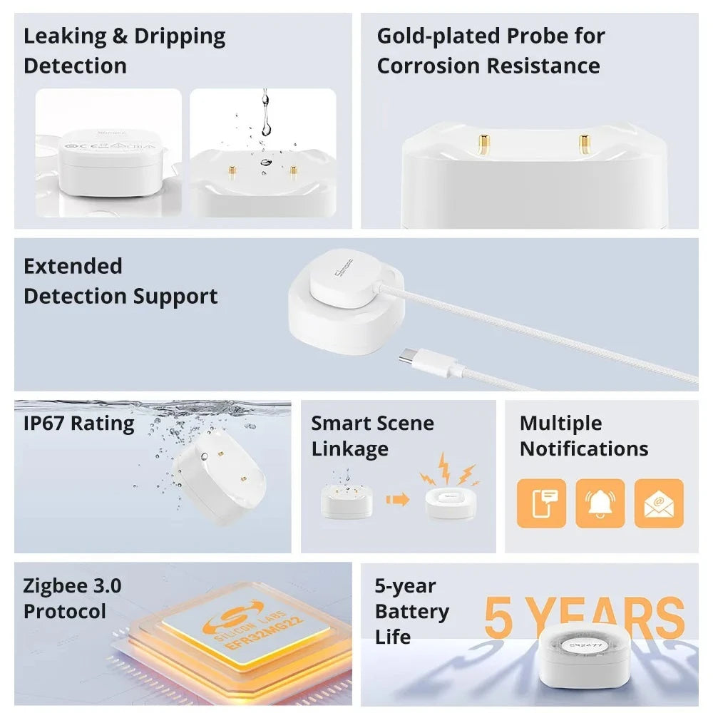 SONOFF SNZB-05P Sensore di perdite d'acqua Zigbee Sonoff, Rilevatore d'acqua con avvisi in tempo reale, Notifiche multiple, Supporto esteso