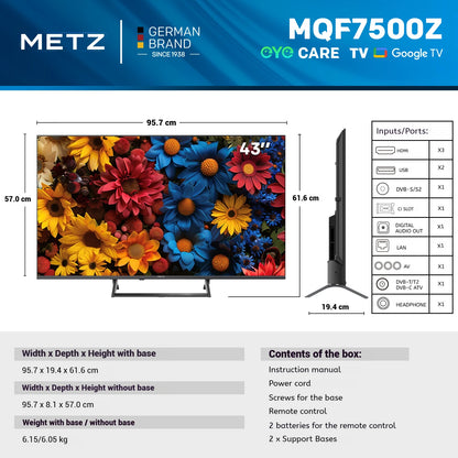 TV LED Smart 4K Metz QLED 43 Pollici Google Tele HDR 10 MEMC DBX Dolby Atmos Game Hub Eyecare Tuner 2025 43Mqf7500Z