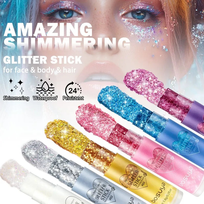 Stick Gel Glitterato con Paillettes Scintillanti, Ombretto Perlato Dorato ad Alta Lucentezza, Glitter per Viso e Corpo, Trucco per Feste Natalizie