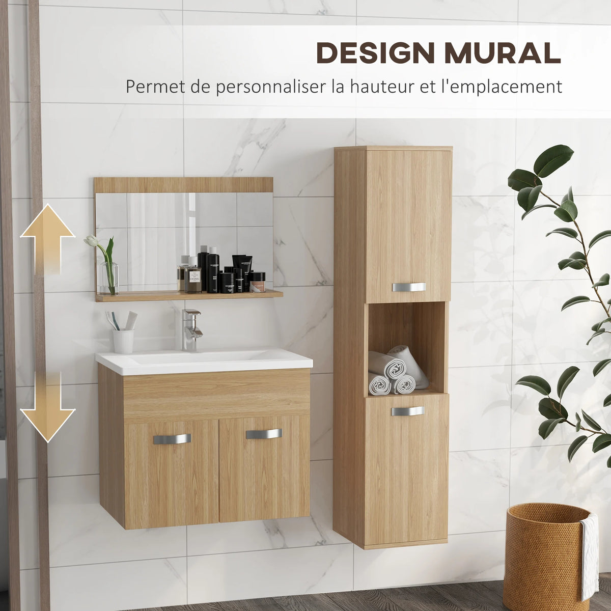 Set da bagno 4 pezzi con mobiletto alto, specchio, lavabo e lavello a parete, finitura naturale