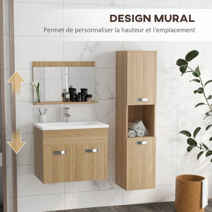 Set da bagno 4 pezzi con mobiletto alto, specchio, lavabo e lavello a parete, finitura naturale