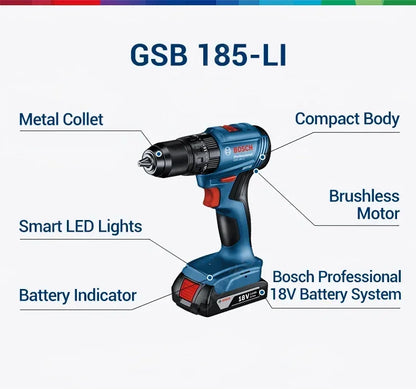 Trapano avvitatore a impulsi senza fili Bosch GSB 185-LI 18V, motore brushless, 1900 giri/min, cacciavite elettrico multifunzione, utensili elettrici (senza batteria)