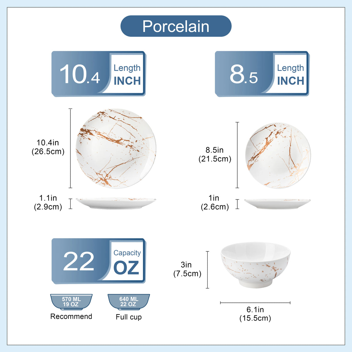 LOVECASA Set di piatti in ceramica da 12/24 pezzi Color smalto bianco con Set di stoviglie in oro con cena/Dessert/ciotola da 4/8 pezzi per 4/8 persone