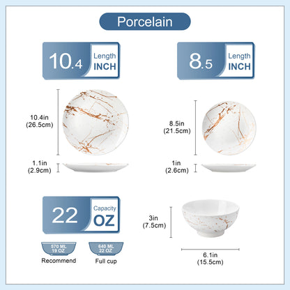 LOVECASA Set di piatti in ceramica da 12/24 pezzi Color smalto bianco con Set di stoviglie in oro con cena/Dessert/ciotola da 4/8 pezzi per 4/8 persone