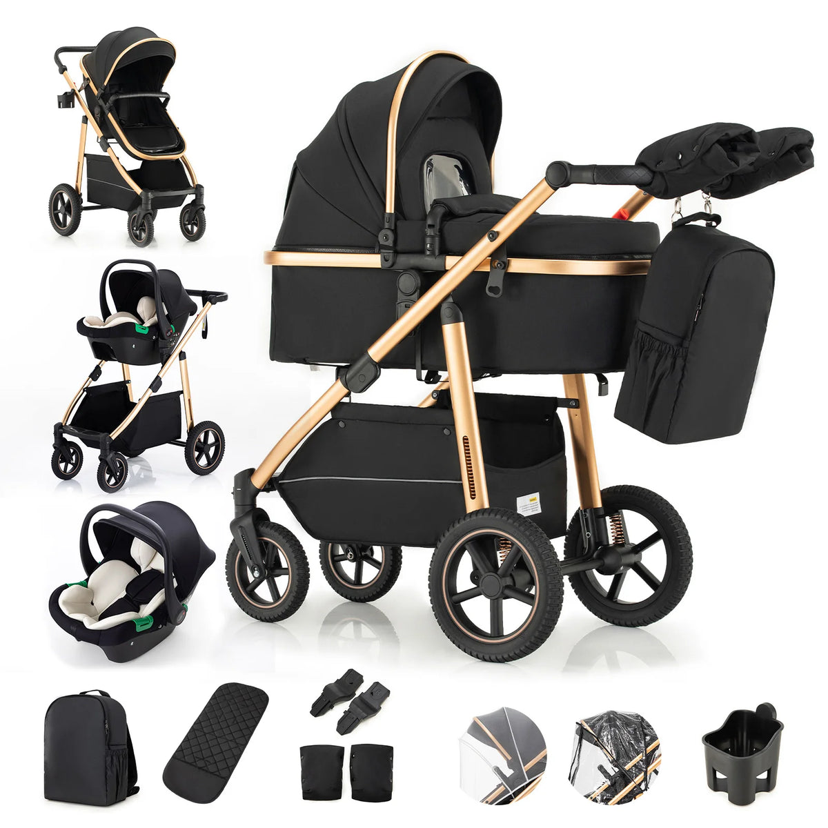 Passeggino 3 in 1 High Landscape per Neonati, Carrozzina Pieghevole Portatile di Lusso con Seggiolino Auto e Navicella da Viaggio