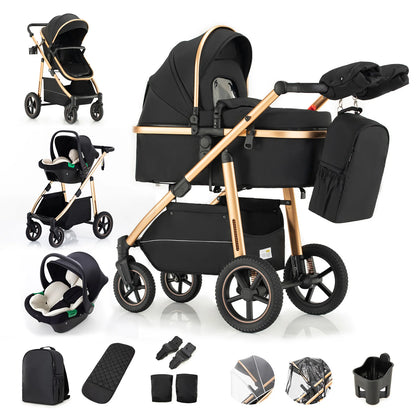 Passeggino 3 in 1 High Landscape per Neonati, Carrozzina Pieghevole Portatile di Lusso con Seggiolino Auto e Navicella da Viaggio
