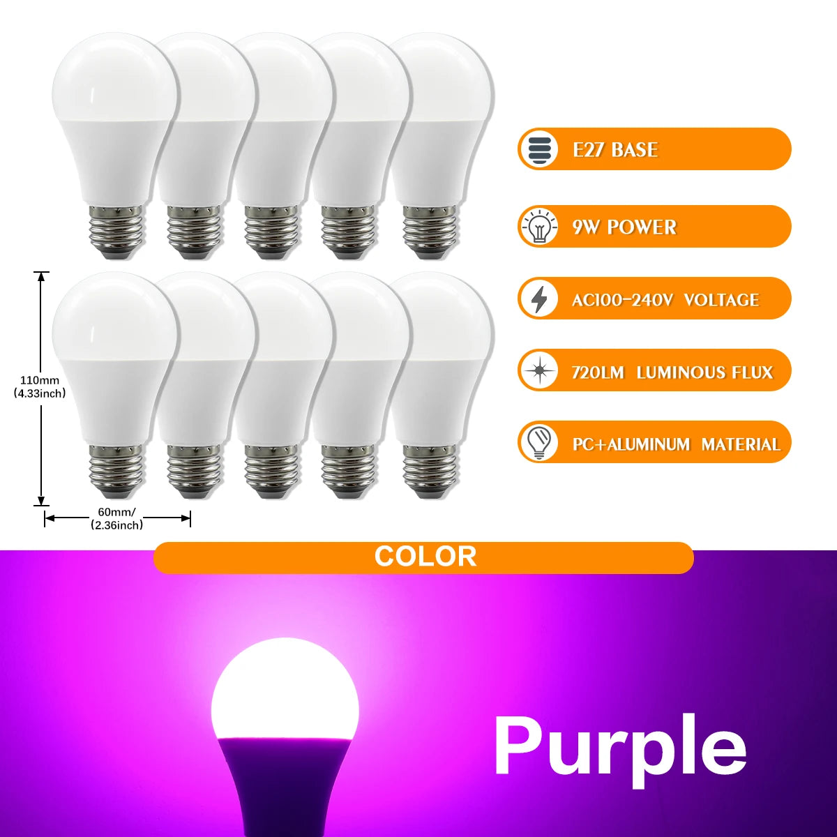 10 Lampadine LED E27 2200K 3000K 4000K 6000K AC100-240V Rosso Verde Illuminazione Colorata di Alta Qualità in Vetro PC per Arredamento Casa