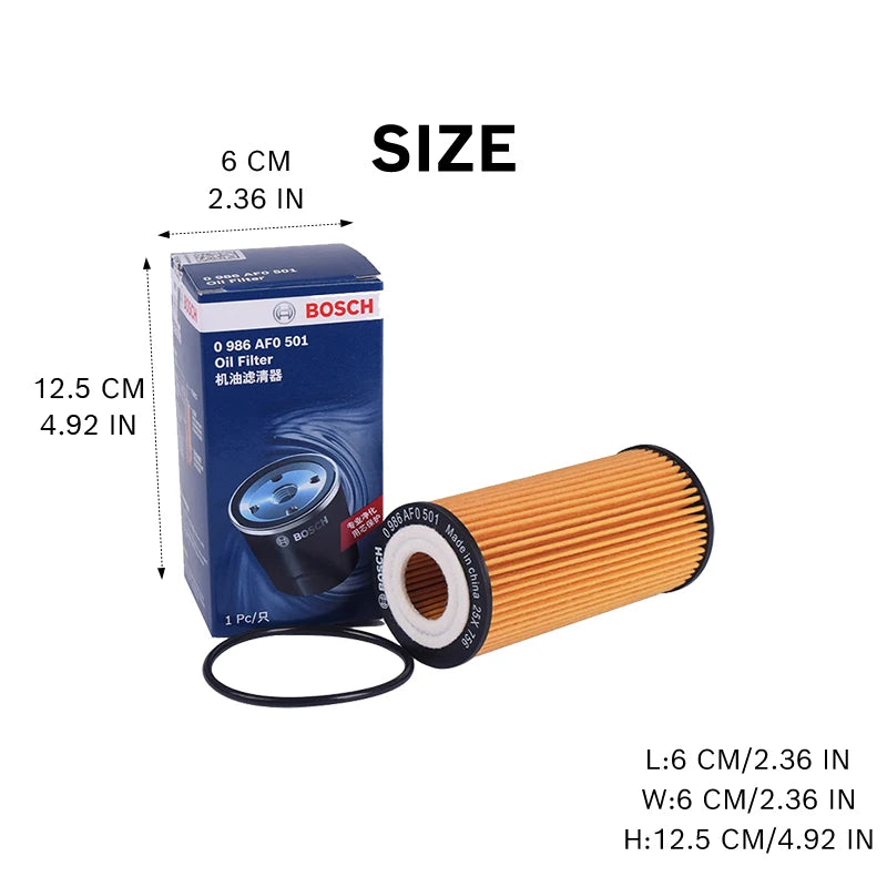 Per VW Golf, Passat, Polo, per Audi A3, A4, A5, A6, Q3, Q5, per Cupra Ateca, Leon; Filtro olio Bosch AF0501 [codice originale: 06L115562A].