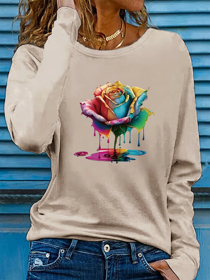 T-shirt da donna in 100% puro cotone, a maniche lunghe, con scollo rotondo, stile casual, con stampa grafica floreale, vestibilità ampia, ideale per la primavera e l'autunno.