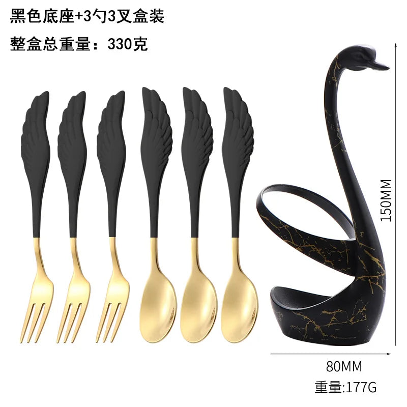 Set di forchette eleganti con base a forma di cigno, cucchiaio da caffè, dessert e insalata in acciaio inossidabile, posate per torte, stoviglie a zero sprechi, dropship