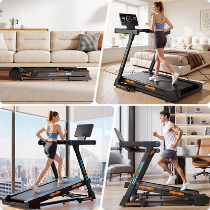 Treadmill Pieghevole FT71 4.0HP, Pedana da Camminata con Inclinazione Automatica del 24%, Macchina da Corsa con APP, Ricarica Wireless, Display LED, Capacità 150KG