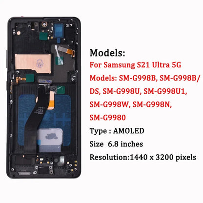 Display LCD AMOLED G998 per Samsung S21 Ultra 5G G998U, Schermo Touch con Digitalizzatore per Samsung S21 Ultra G998B con Cornice