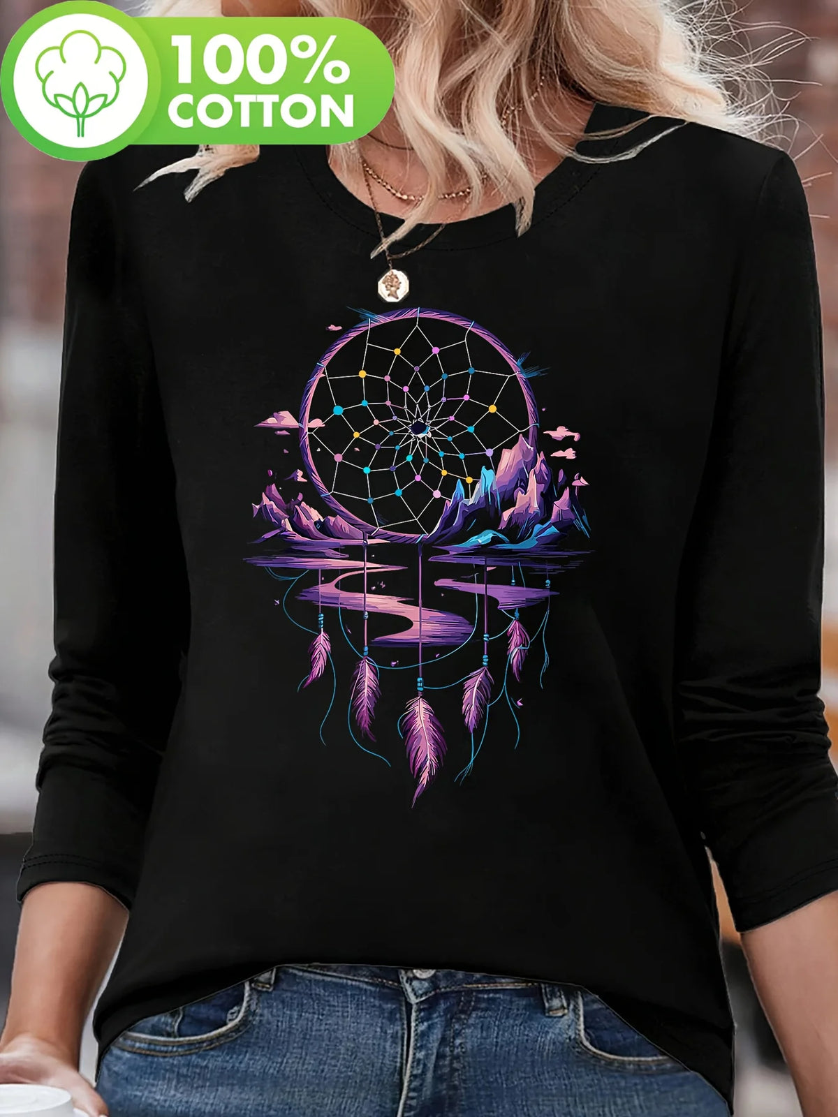 T-shirt girocollo stampata con motivo Torre Eiffel Parigi a maniche lunghe comoda moda primavera e autunno 100% cotone da donna